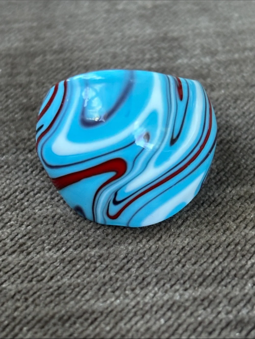 Blue Red Swirl ART GLASS Ring - Fun Marble Pattern Chunky statement piece